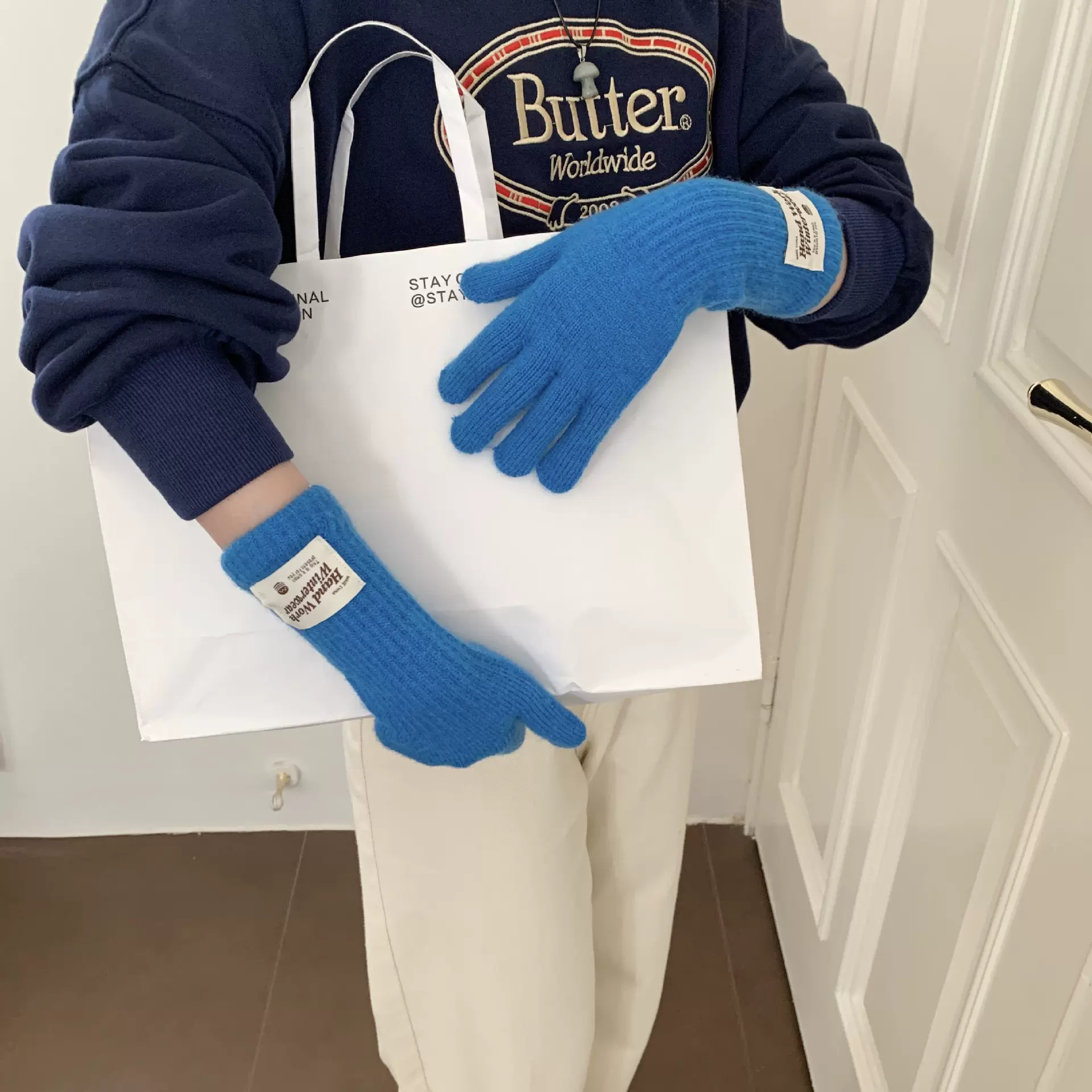 保暖女手套纯色针织长款触屏露指防风五指骑行潮情侣百搭成人防寒