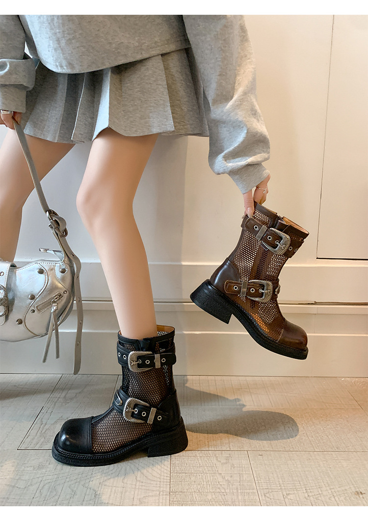 Boot nữ cổ thấp dây buộc phối khóa, đế dày platform lưới thoáng khí — màu nâu, màu đen chi tiết 17