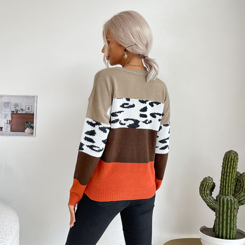 Leopard Print Color Matching Casual Tops Sweaters Pullovers_voghion.com
