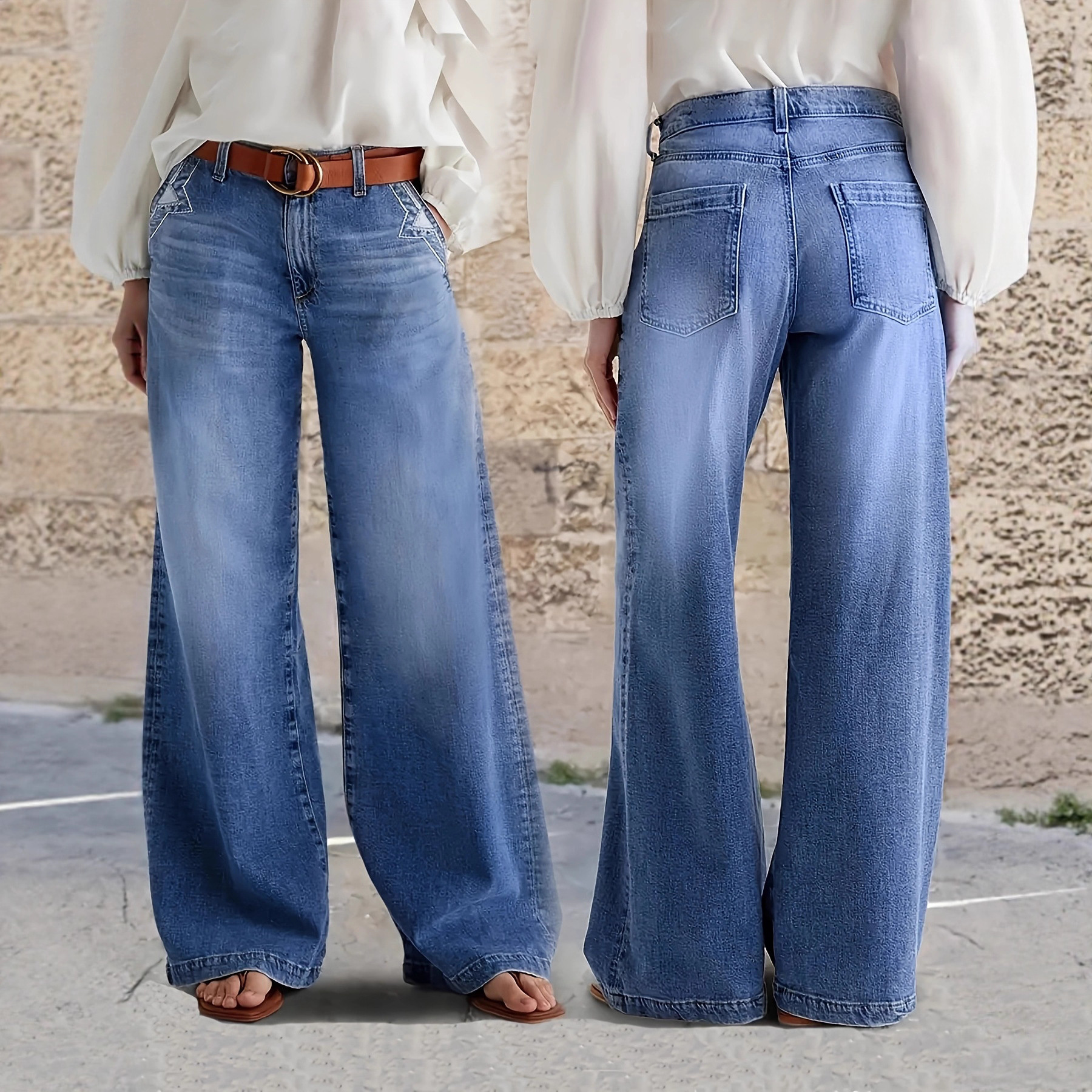 Jeans de Pierna Ancha para Mujer de Mezclilla de Algodón, Cintura Media