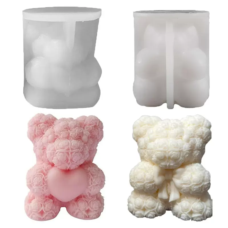 情人节款爱心玫瑰花熊硅胶模具diy泰迪熊香薰蜡烛石膏摆件礼品
