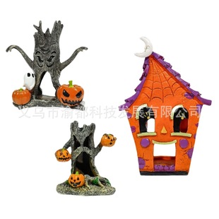 Halloween Set Decoration Pumpkin Tree Stump Resin Ornaments Fish and Shrimp Shelter House Ornaments Set Aquarium Fish Tank Decoration