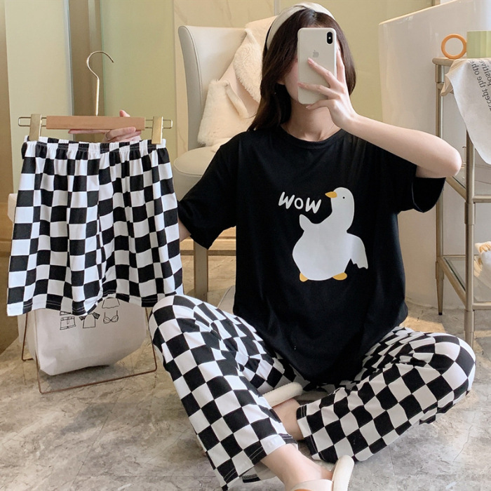睡衣女夏季新款卡通三件套可爱简约休闲圆领家居服套装可外穿|undefined