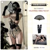 Hot girl lace jumpsuit + black lace gloves + fan + black straps and black silk