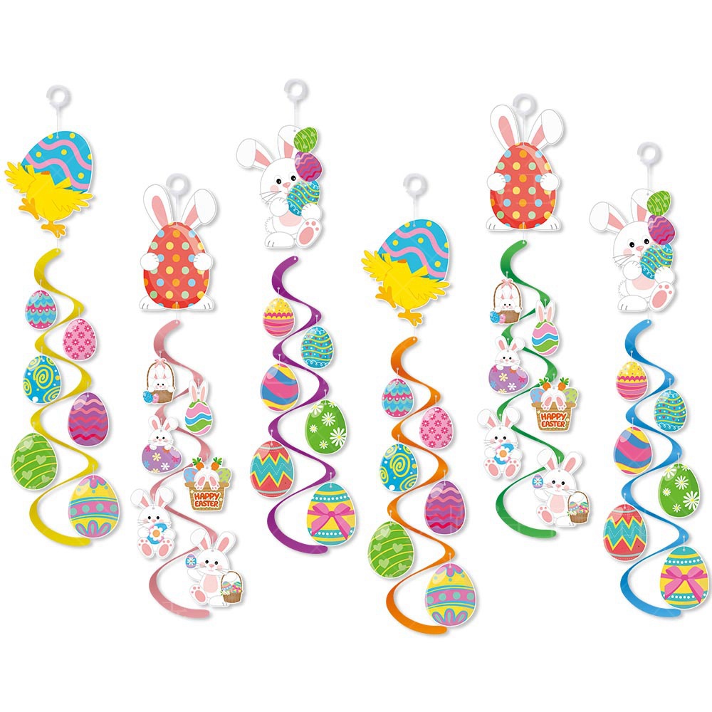 Amazon nueva decoración de pascua adornos en espiral PVC huevo conejo giratoria carillones de viento adornos en espiral