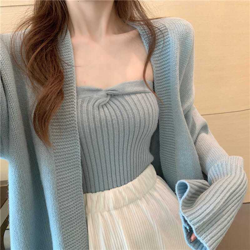 慵懒风毛衣女秋冬外穿韩版宽松温柔洋气针织开衫+阔腿裤三件套潮