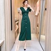 V-neck low cut single breasted slit A-line long dress party dress short sleeve dress