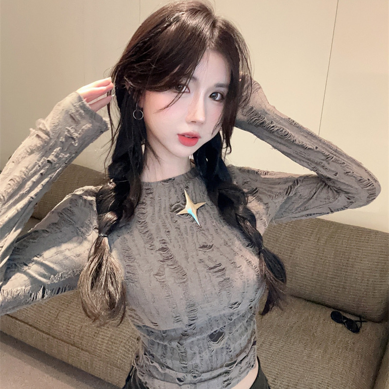 Wasteland Style Ripped Metal Four-Pointed Star Brooch Pleated Waist Slim Short Long-Sleeved T-Shirt Jazz Top