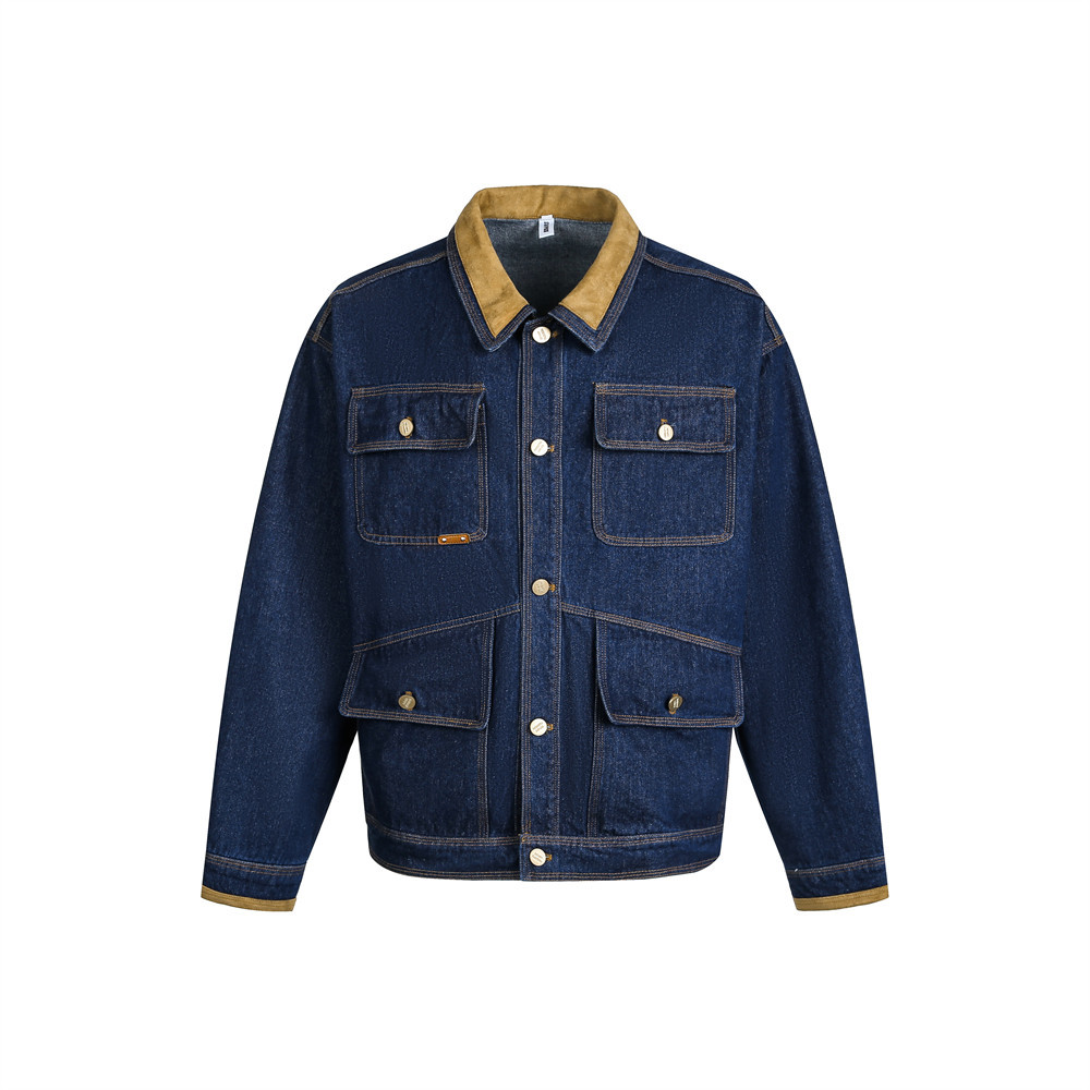 Men's Stylish Denim Work Jacket Ith Multi-Pocket Design, High Street Fashion, Double-Layer Collar, Punk Style, Loose Fit For Casual Wear_voghion.com