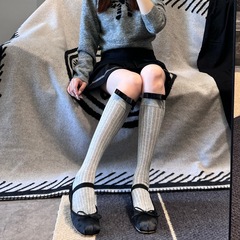 Korean style miu style spring and summer bow socks Japanese style vertical strip gray jk calf cotton socks women's trendy mid-calf pile socks