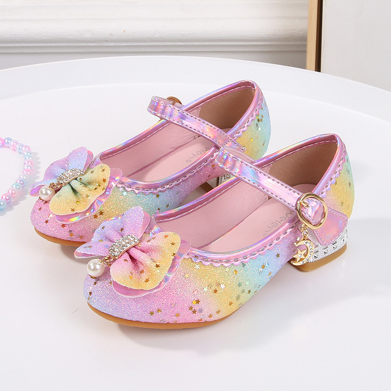 Girls High-Heeled Princess Shoes Aisha Kidsren's Flats Rainbow Bow Shoes Little Girls Rhinestone Kidsren's Shoes Spring & Fall Styles