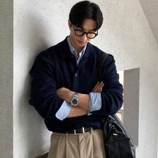 Solid Color Lapel Sweater Cardigan Jacket Men's Autumn Sweater Korean Style Trendy Casual Lazy Style Top