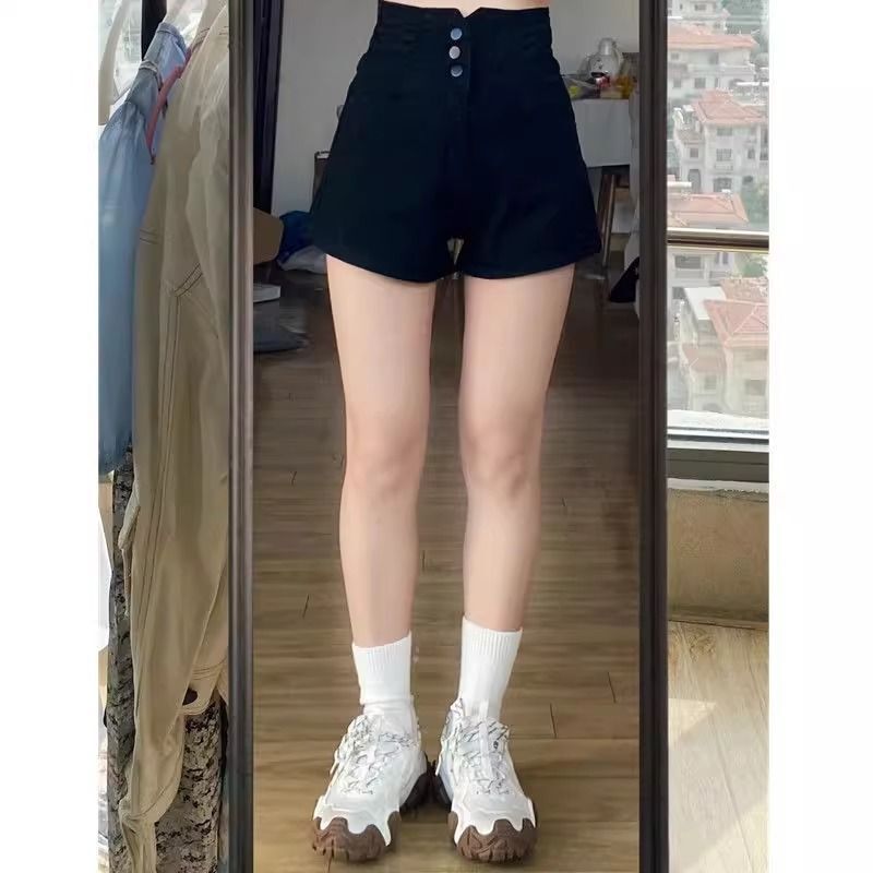 女性用ブラックハイウエストデニムショートパンツ、夏用薄手、大きいサイズ、太ったmm、痩身、お腹カバー、小柄な人向けのAラインワイドレッグホットパンツ|undefined