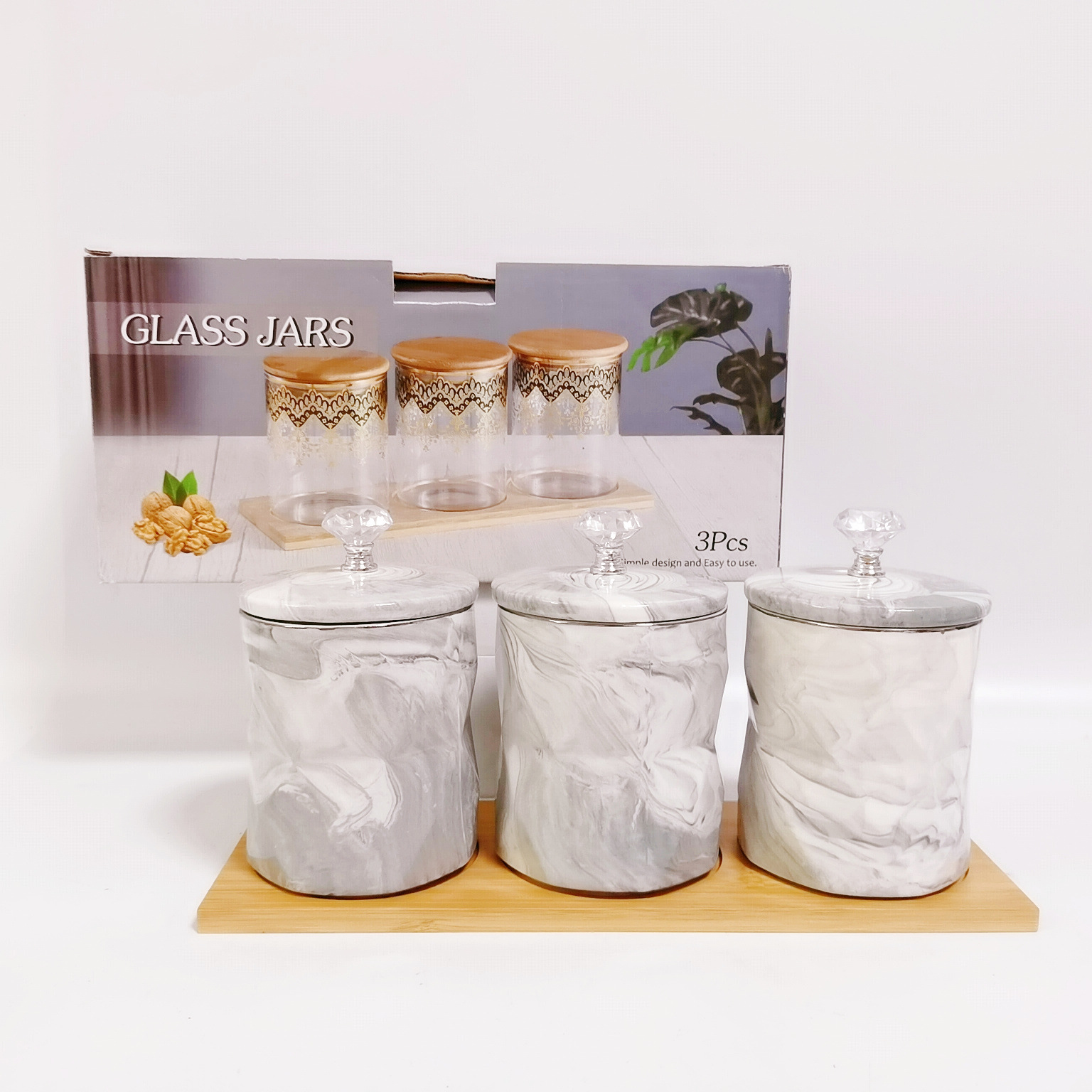 Medio Oriente exportación simple marmolado cerámica sellado Jar rombo 3-Cabeza de almacenamiento Jar té café Jar