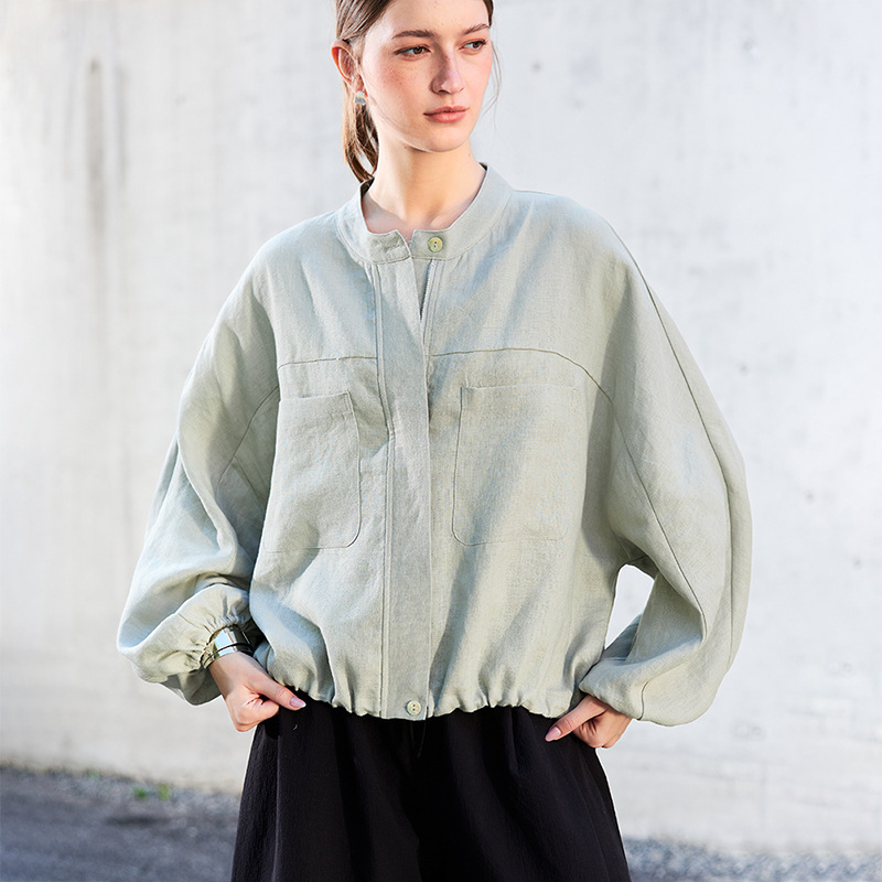 High-End Pure Linen Short Jacket, Loose Casual Women's Spring Simple Stand-Collar Jacket, Oversized Old Money Style Linen Cardigan