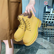 2022秋女團風網紅大黃靴系帶厚底短靴平跟中跟圓頭短筒馬丁靴