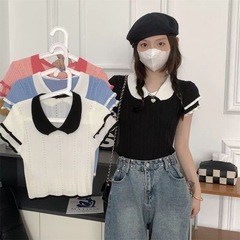 デザイン性の高い個性的なドールカラーのコントラストカラー半袖ニットセーター、女性用、夏の新作、ユニークで洗練されたカジュアルで万能なトップス
