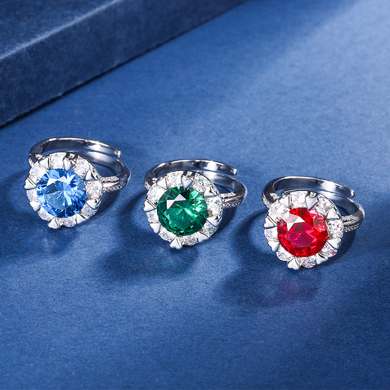 2024 nueva joyería Zhuang Shengsheng fondo de cobre chapado en oro simulación tesoro de color temperamento corindón anillo de lazo mujer 10mm