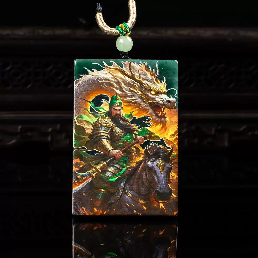 天然A货翡翠关公牌精工超清喷绘冰种老玉石刻吊坠挂件玉佩项链