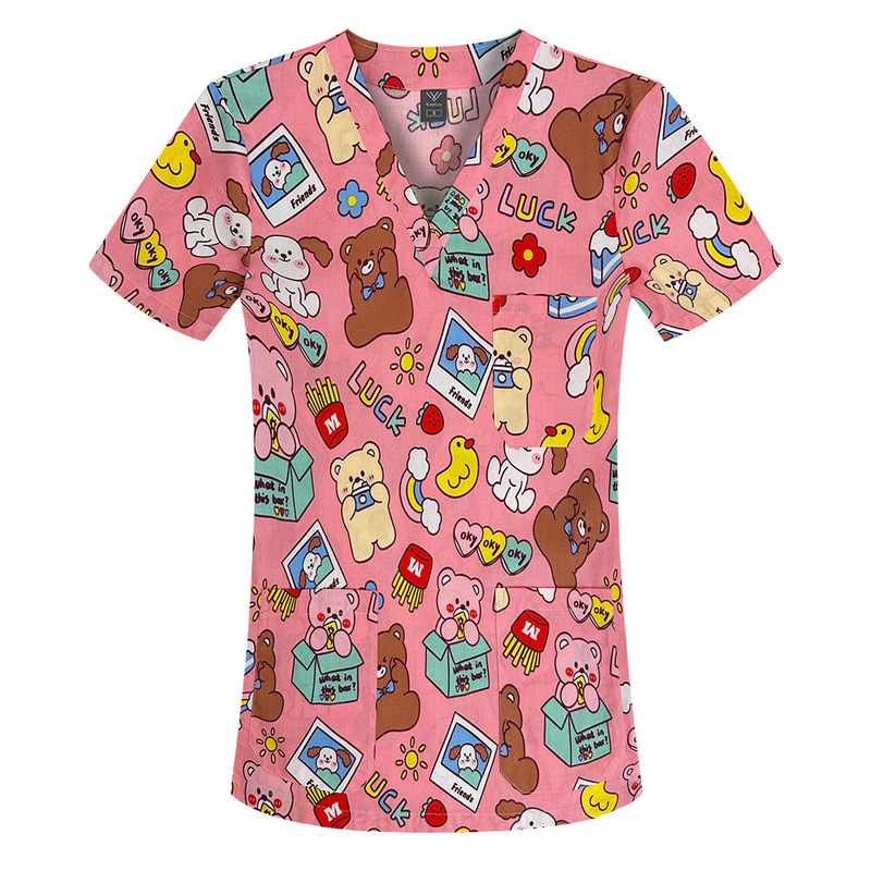 国境を越えたアマゾンの爆発的なアニメプリント看護師服女性vネック半袖tシャツ上着手術服作業服男性|undefined