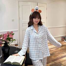 2026新款纯棉睡衣女春秋季蓝色格子甜美风可爱小熊长袖套装家居服