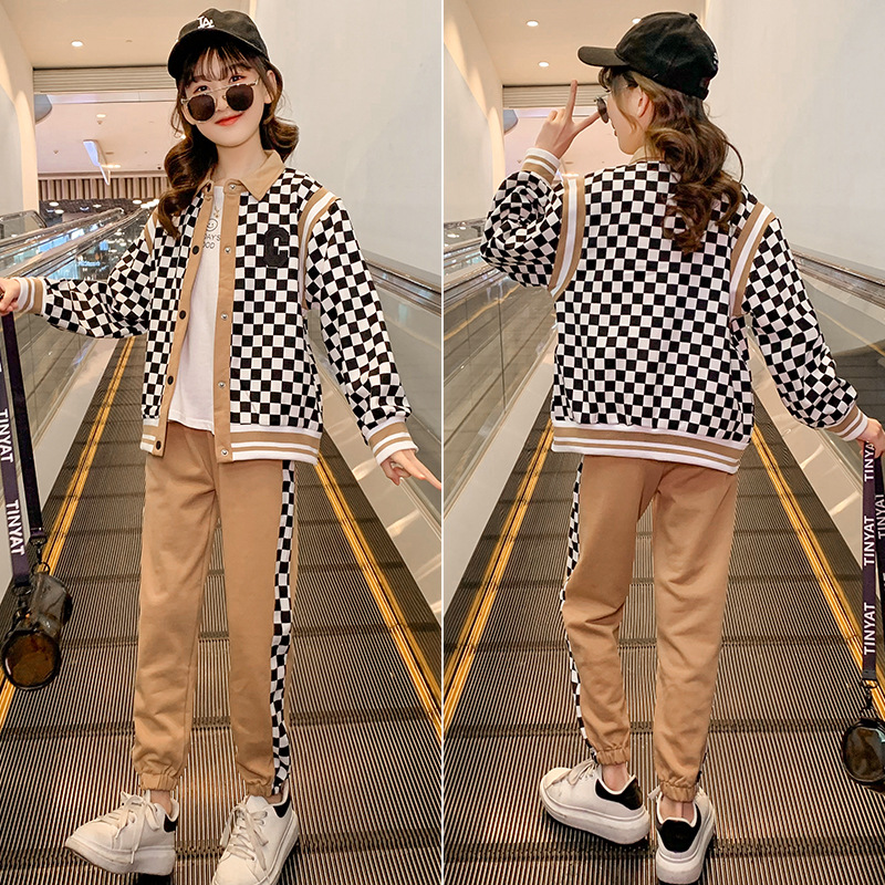 2023 New Set: Two Piece Set of Checkerboard Spring and Autumn Sports Elastic Loose Baseball Suit for Children, Girls,_voghion.com
