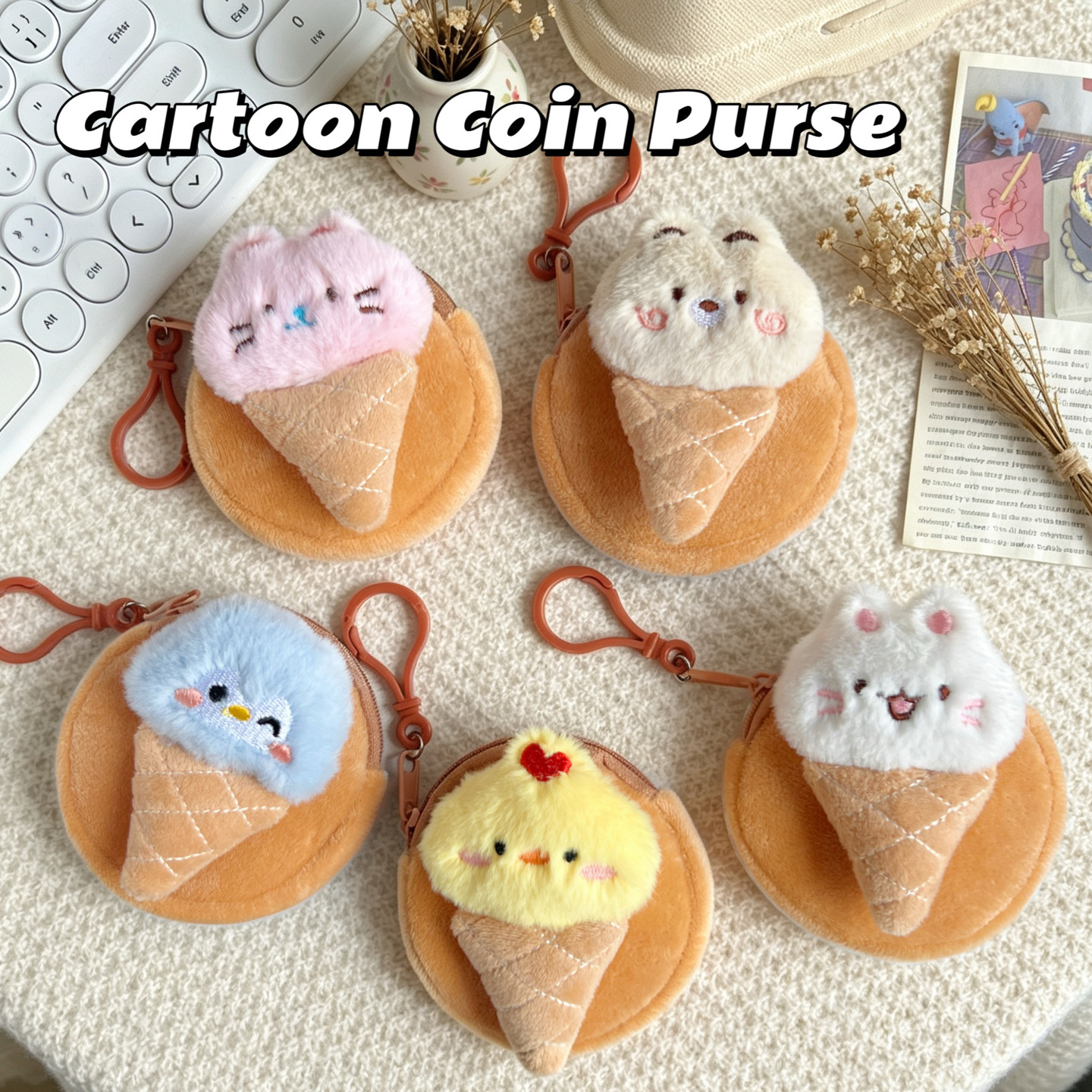 Cartoon Animal Cone-Shaped Doll Coin Purse Cat Bear Mini Round Earphone Storage Bag Pendant Student Gift