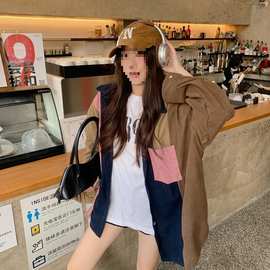 韩版撞色复古拼接灯芯绒长袖衬衫女年新款百搭休闲上衣外套潮