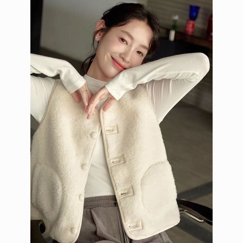 New Fashionable Lamb Wool Vest Vest Jacket Autumn and Winter Loose Slimming Look Sweet Apricot Preppy Style Top Rayon