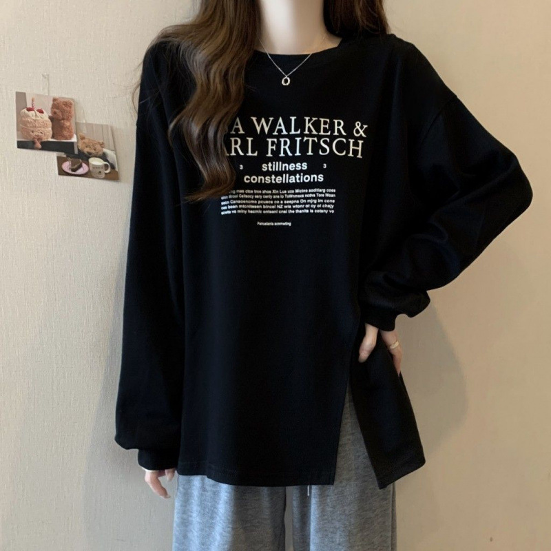 开叉长袖T恤卫衣女春秋冬季新款宽松显瘦大码中长款打底衫上衣女|undefined