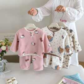 2026女童睡衣套装新款男童秋冬加绒儿童法兰绒保暖家居服开衫童装