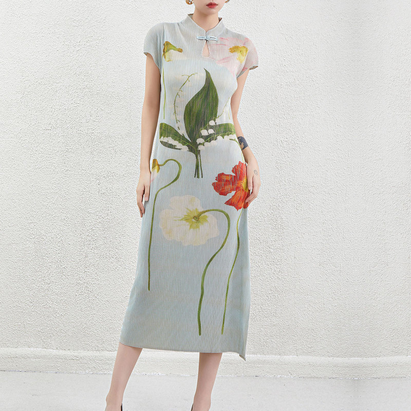 New Chinese Style Improved Cheongsam Vintage dress Printed Split Slim-Fit Slimming Pleated Old Shanghai Style Vintage Long Dress