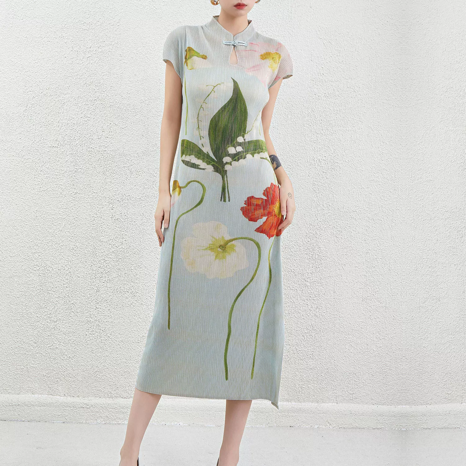 新中式改良旗袍复古连衣裙印花开叉修身显瘦褶皱老上海风复古长裙