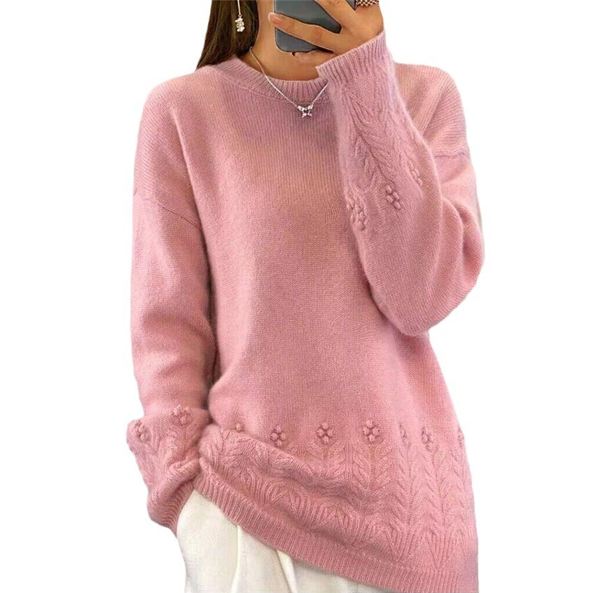 Γυναικεία ρούχα 2024 φθινόπωρο και χειμώνας νέο στρογγυλό λαιμό μονόχρωμο πλεκτό πουλόβερ με κροσέ για γυναίκες_voghion.com