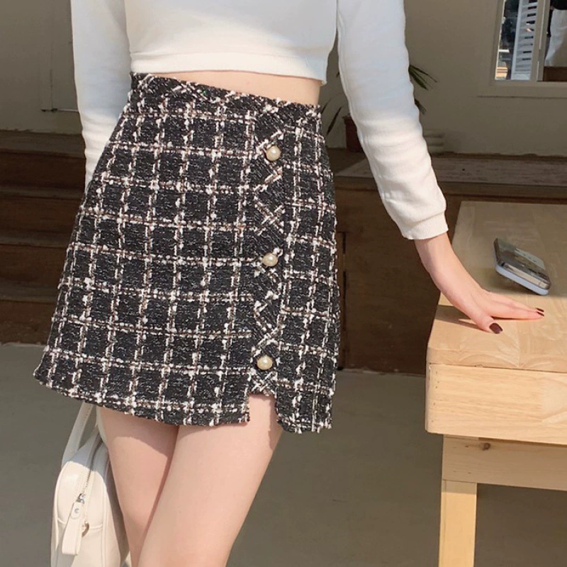 Маленькая твидовая юбка Шерстяная бедренная юбка Клетчатая нерегулярная юбка с высокой талией Женская