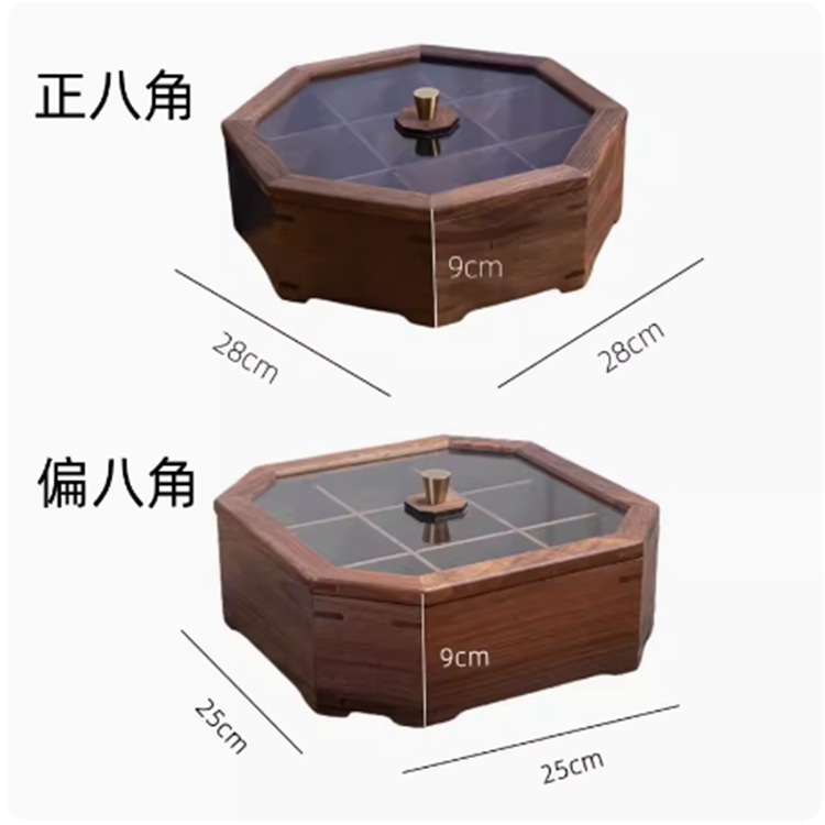 Nogal negro plato de fruta de madera maciza hogar sala de estar mesa de café caja de fruta seca caja de nuez compartimiento caja de dulces de vidrio simple con tapa