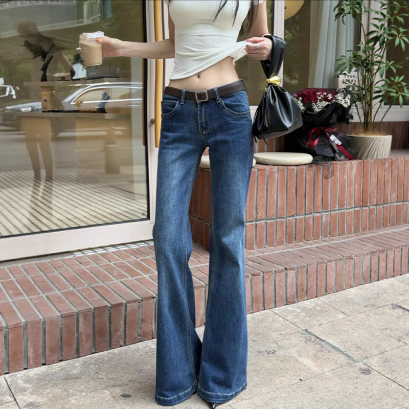 深蓝低腰微喇牛仔裤女2025夏季薄款辣妹修身显瘦不贴腿直筒喇叭裤|undefined