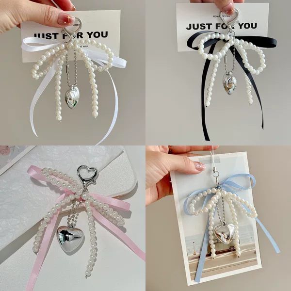 French-Style Ribbon Pearl Bow Korean-Style Bag Charm High-Value Versatile Decoration Heart Pendant Keychain