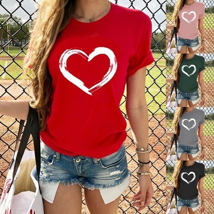 New Ladies Fashion Love Printed Short Sleeve T-Shirt Summer Casual Graphic T-Shirt Top Factory Straight Hair T-Shirt