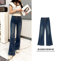 佳伟秋季牛仔裤微喇叭裤女款牛仔裤深蓝色牛仔裤女喇叭裤休闲舒适