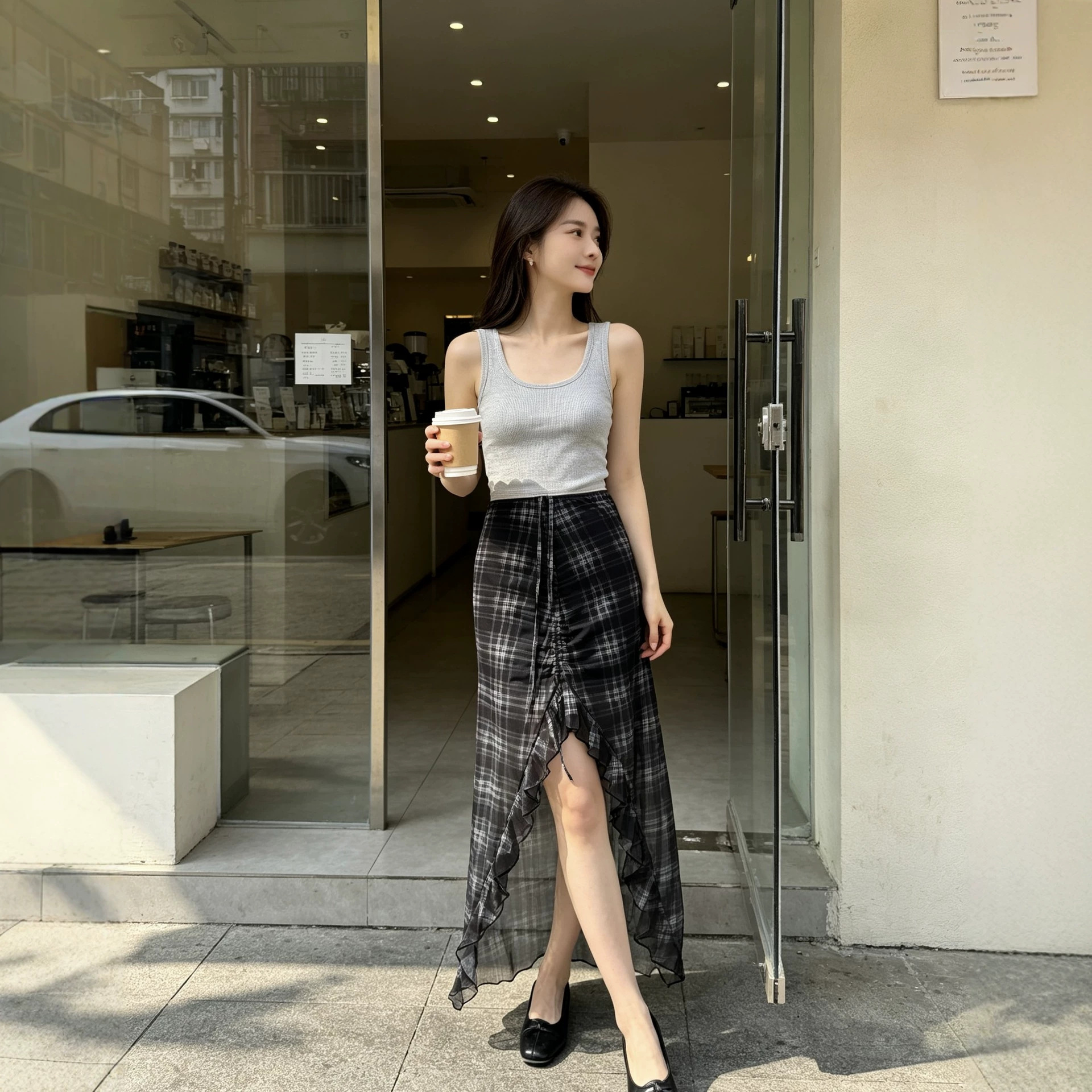 Wholesale European and American irregular slim-fit mesh high-waisted long skirt for women, summer ruffled slit high-end plaid skirt