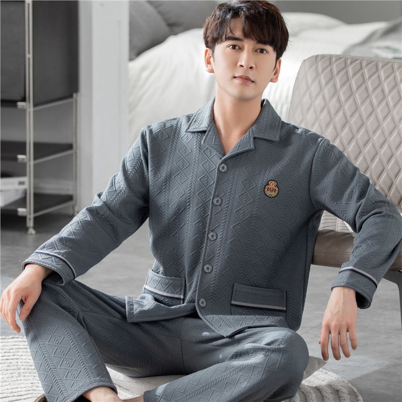 Pajamas gruesas para hombres otoño y invierno de manga larga algodón intercalado conjunto de calor para hombres jóvenes y de mediana edad ropa de hogar suelta