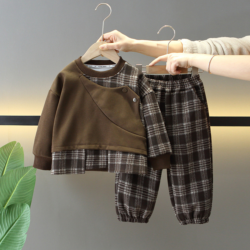 7728 Traje de primavera y otoño para niños 2025 nuevo estilo de moda y fresco suéter para niños pantalones a cuadros ropa de primavera para bebés de dos piezas