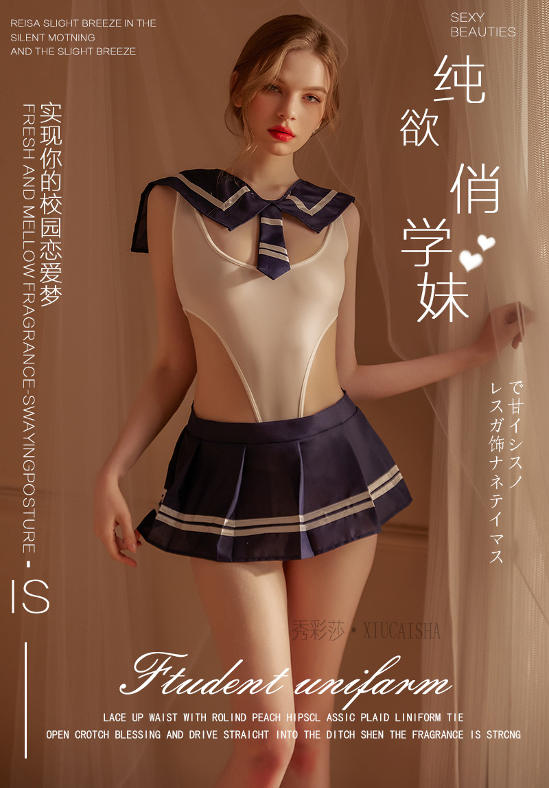 Sailor Schoolgirl Costume Set with Mini Skirt and Striped Socks — detail image 1
