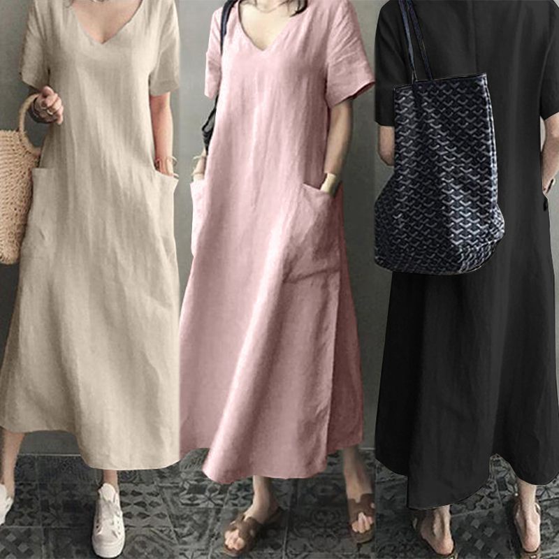 2026 Spring Chinese Style V-Neck Cotton Linen Dress, Artistic Retro Slimming Casual Flared Women's Dress, Wholesale Hot Item for Cross-Border Trade