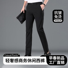 2025春季新款高级感商务休闲西装裤男竖条纹宽松弹力中腰直筒长裤