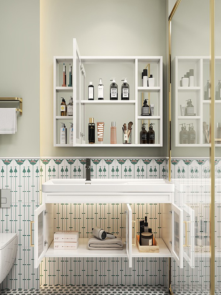 Luz nórdica de lujo espacio de aluminio gabinete de baño mesa de lavado lavabo gabinete de baño lavabo combinación de cerámica cuenca integrada