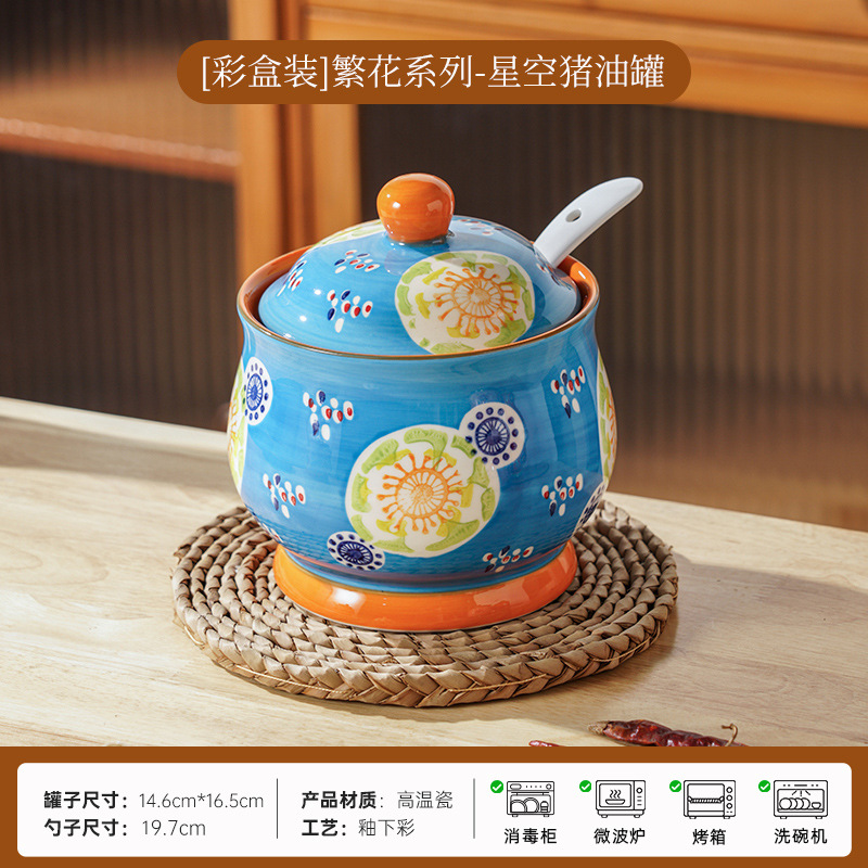 Porcelana pintada a mano esmaltada de color cerámico con sabor, grasa doméstica, grasa de cerdo con cuchara de cubierta, grasa de cerdo resistente a altas temperaturas