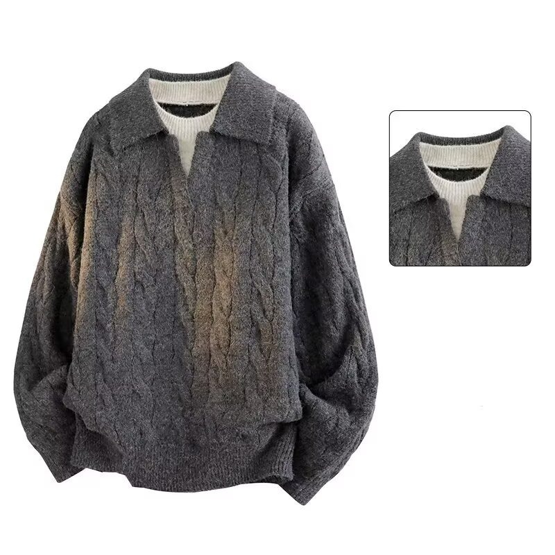 Fake Two-Piece Polo Shirt V Neck Twist Knitwear Knitwear Men's Autumn and Winter Business Outerwear Knitwear Export Cross-Border Wholesale