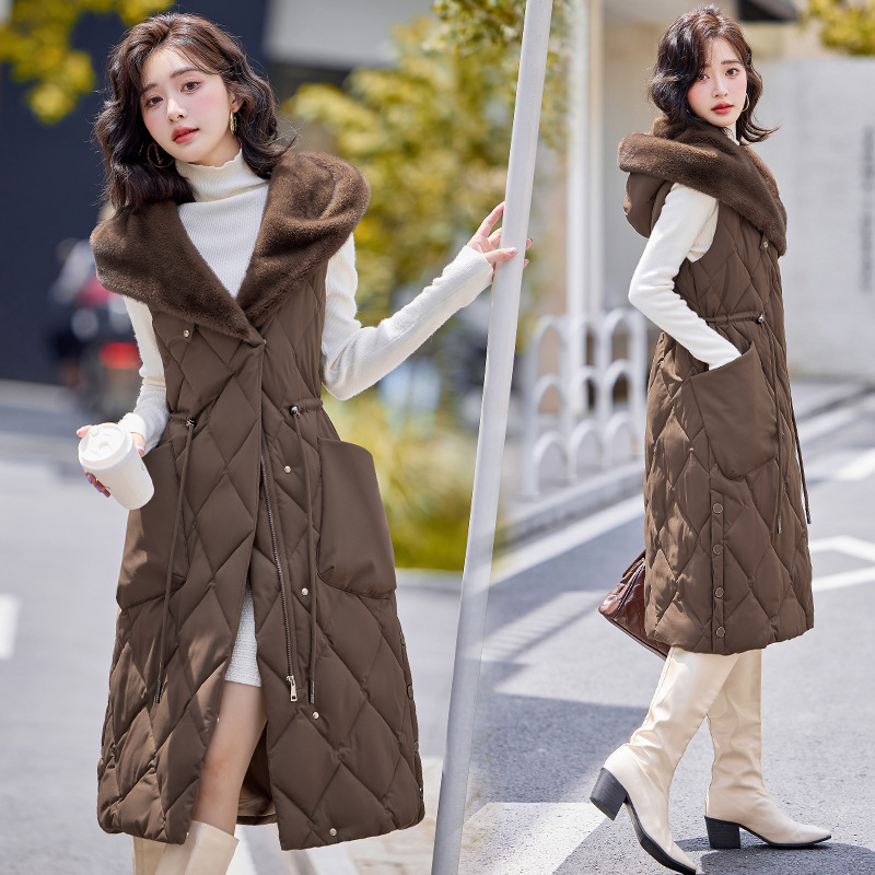 Long Vest for Women 2025 Off-Season Winter Wear Over-The-Knee Hooded Large Flap Pocket Pants Slimming Look Elegant down Cotton Vest